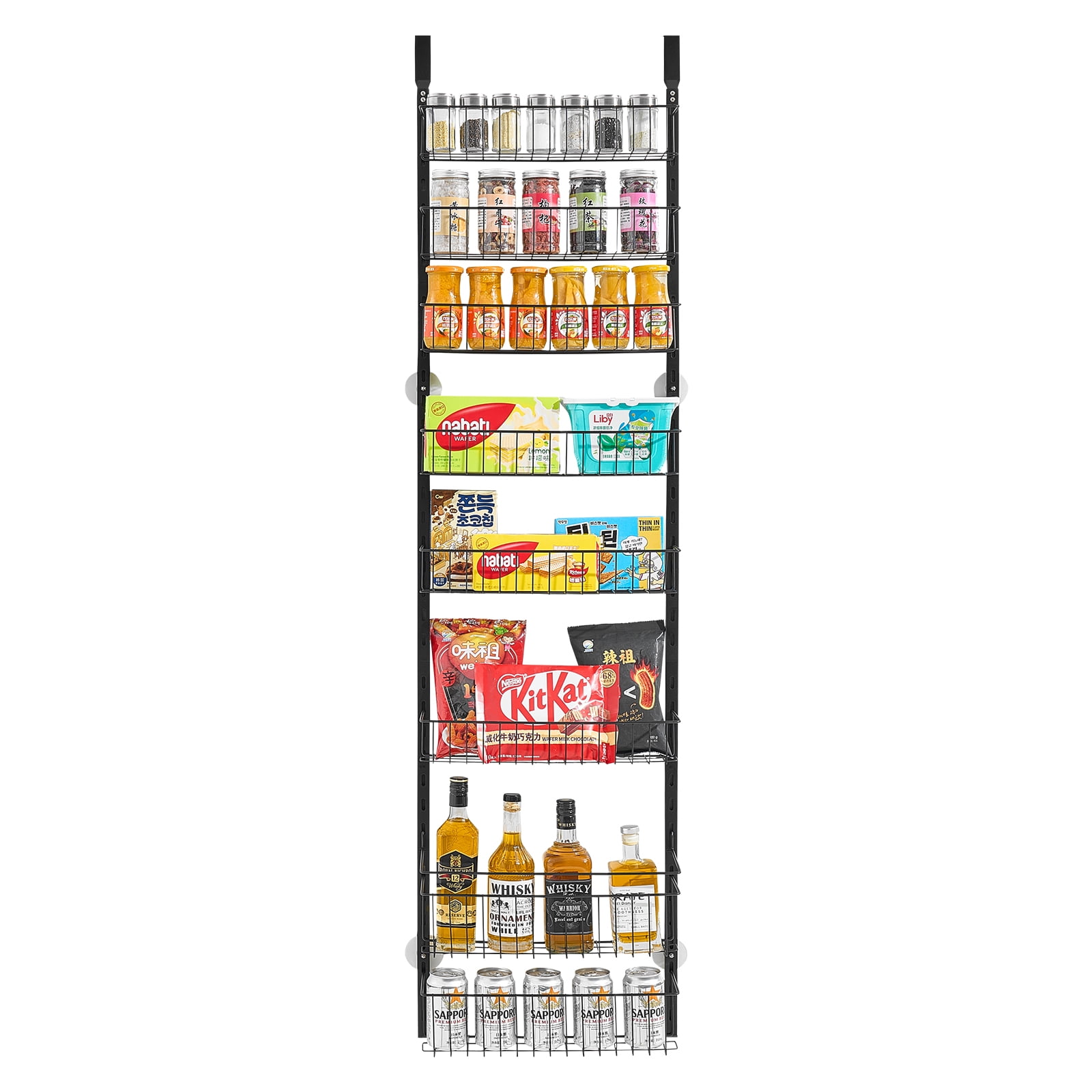 KFFKFF Door-Mounted Pantry Organizer, 8-Level Storage Solution, Robust Steel Constructed Spice Holder, Customizable Wall-Mounted Condiment Shelves, Suitable for Kitchen, Laundry Area, Bathroom, Black