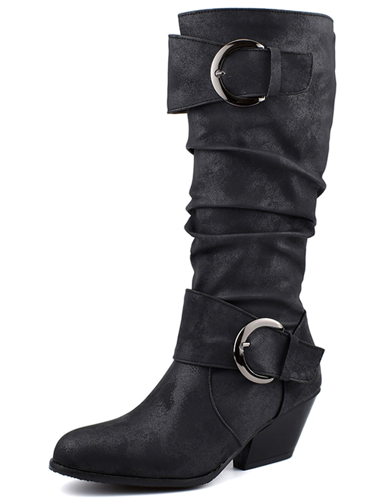 Wodstyle - Women's Slouch Boots Winter Warm Mid-Calf Chunky Buckle ...