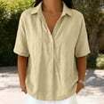 thumbnail image 6 of HongQid Short Sleeve Collared Henley Cotton Shirt for Women Partial Button Placket Drop Shoulder Loose Curved Hem Breathable Woven Casual Tunic, 6 of 6