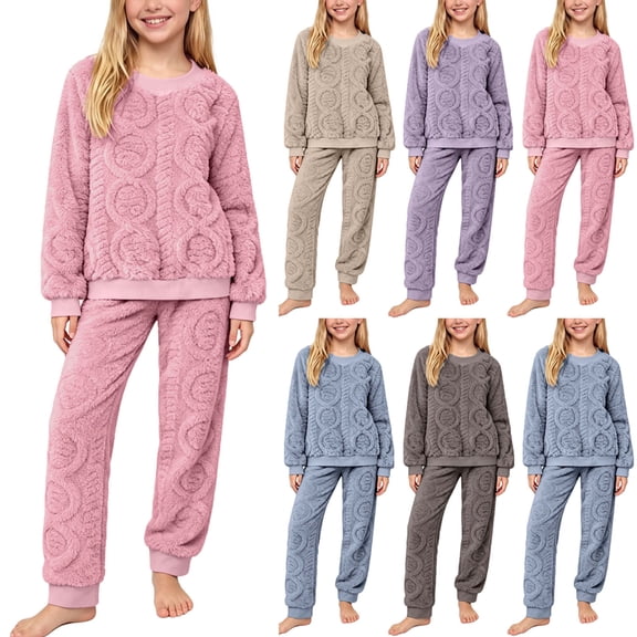 Viluyesy Girls 2 Piece Outfit Fleece Crew Neck Top and Jogger Pants Textured Long Sleeve Soft Warm Cozy Casual Sleepwear Pajama Set Pink Size 10