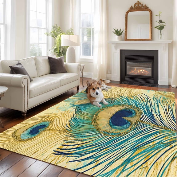 6'x9' Area Rugs, Retro Peacock Feathers Indoor Outdoor Area Rug for Living Room Bedroom, Vintage Abstract Art Watercolor Washable Bathroom Rugs Kitchen Floor Carpet Mats Home Decor Aesthetic