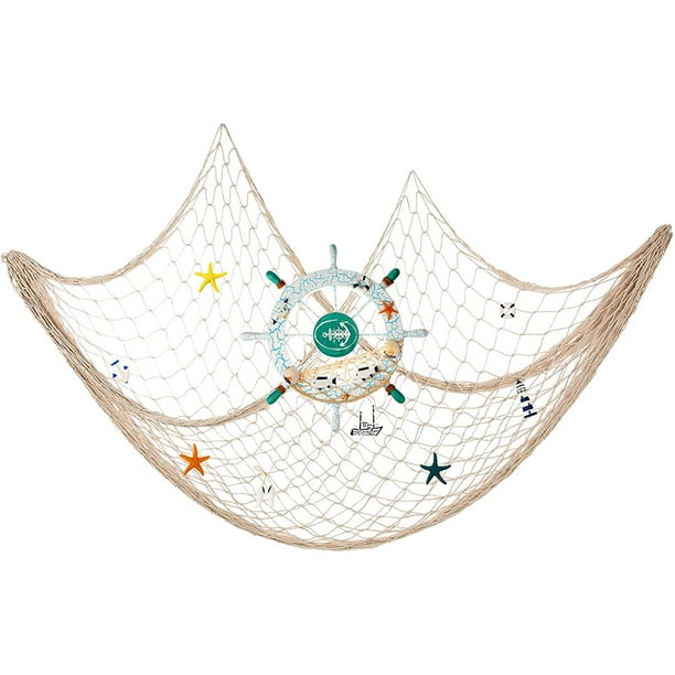 Decorative Fishing Net Decoration, Mediterranean Ocean Pirate Beach Mermaid  Theme Party Decorations, Starfish Wooden Boat Ship Steering Wheel Fishnet  Hanging Decoration with Transparent Hook 