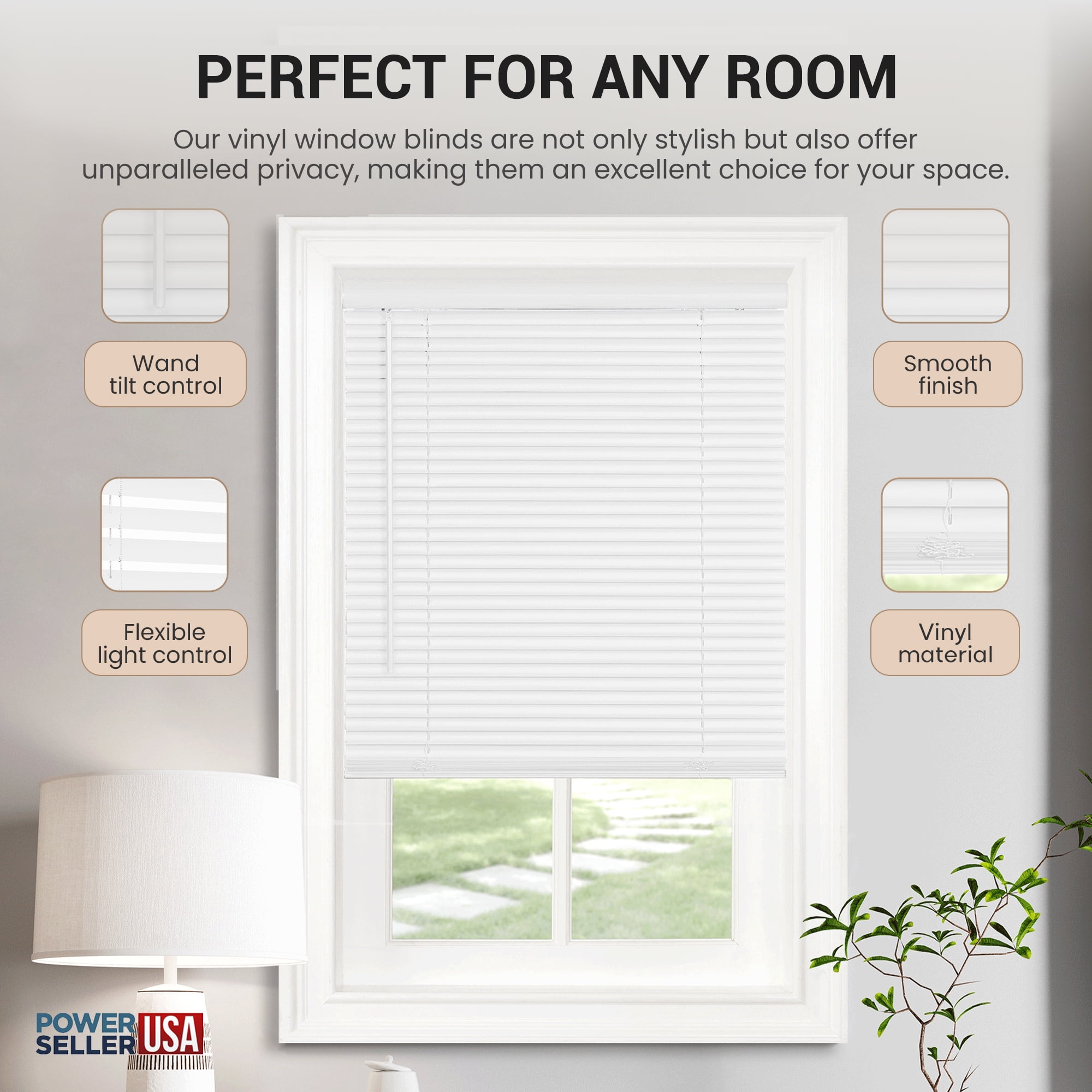 PowerSellerUSA Cordless Vinyl Mini Blinds, 1" Slats, Anti-UV, Light ...