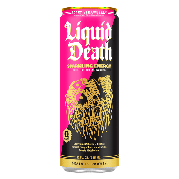 Liquid Death Sparkling Energy - Scary Strawberry, Zero Sugar Energy Drink, Unextreme Caffeine 100mg, Essential Vitamins, 12 fl oz