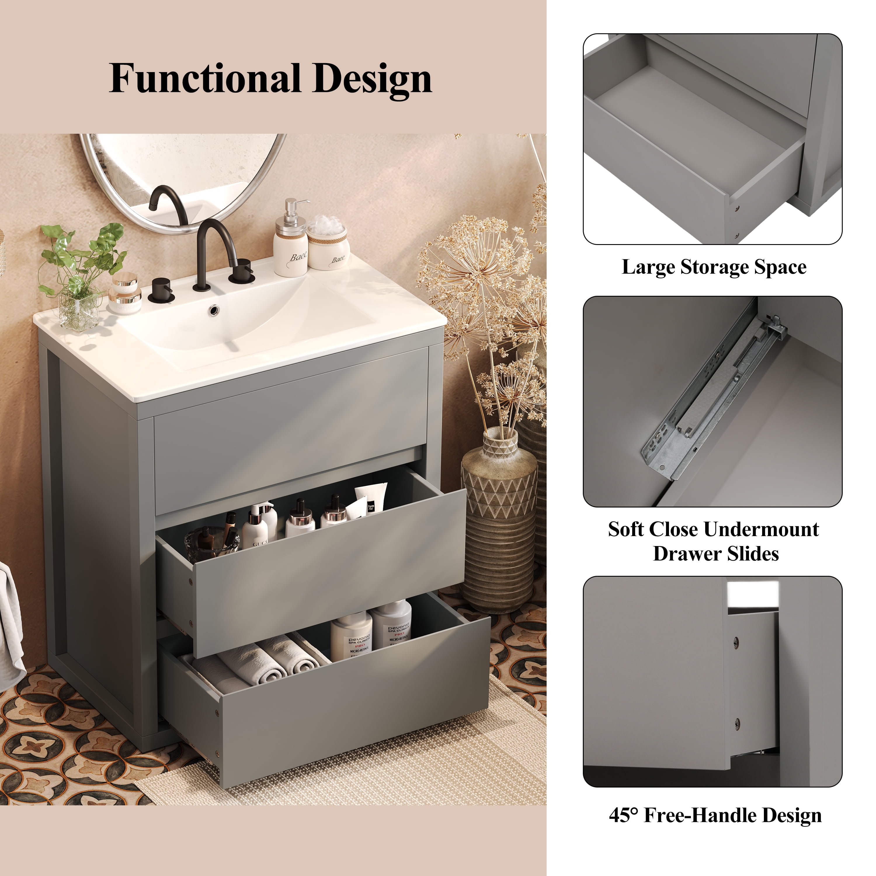 Euroco 30" Bathroom Vanity with Ceramic Sink and 2 Full-Extension Drawers, Freestanding Bathroom Vanity with 45° Free-Handle Design, Soft Close Undermount Drawer Slides, Gray
