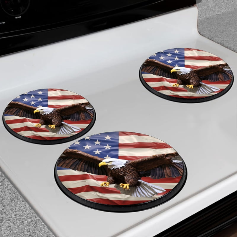 Bahomeck Gas Stove Burner Cover Set Of 4,Bald Eagle Flying Over American Flag Background Metal Electric Stove Burner Covers,Protecting Gas Stoves,Kitchen Decor，8 Inch And 10 Inch