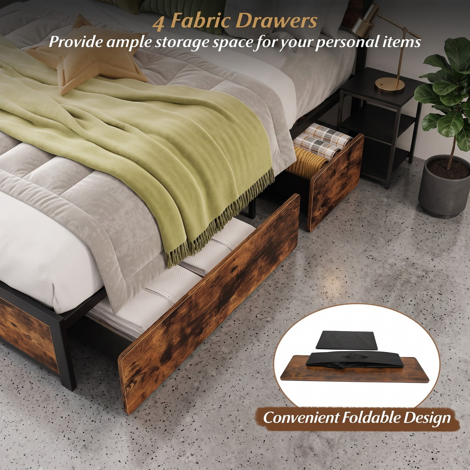 Furnibear Queen Size Bed Frame with 4 Storage Drawers, Metal LED Platform Bed with Charging Station and 2-Tier Headboard, Rustic Brown