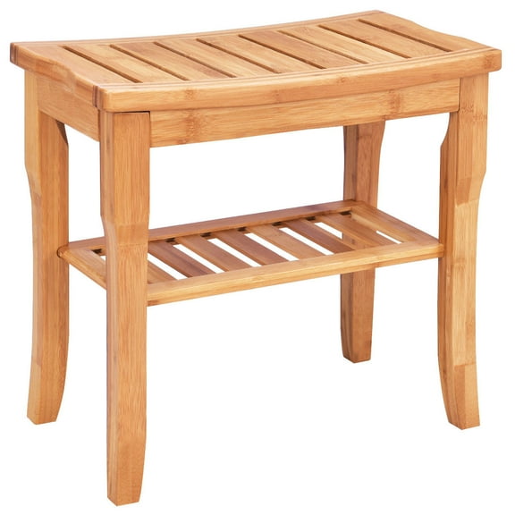 Costway Bamboo Shower Seat Bench Bathroom Spa Bath Organizer Stool with Storage Shelf