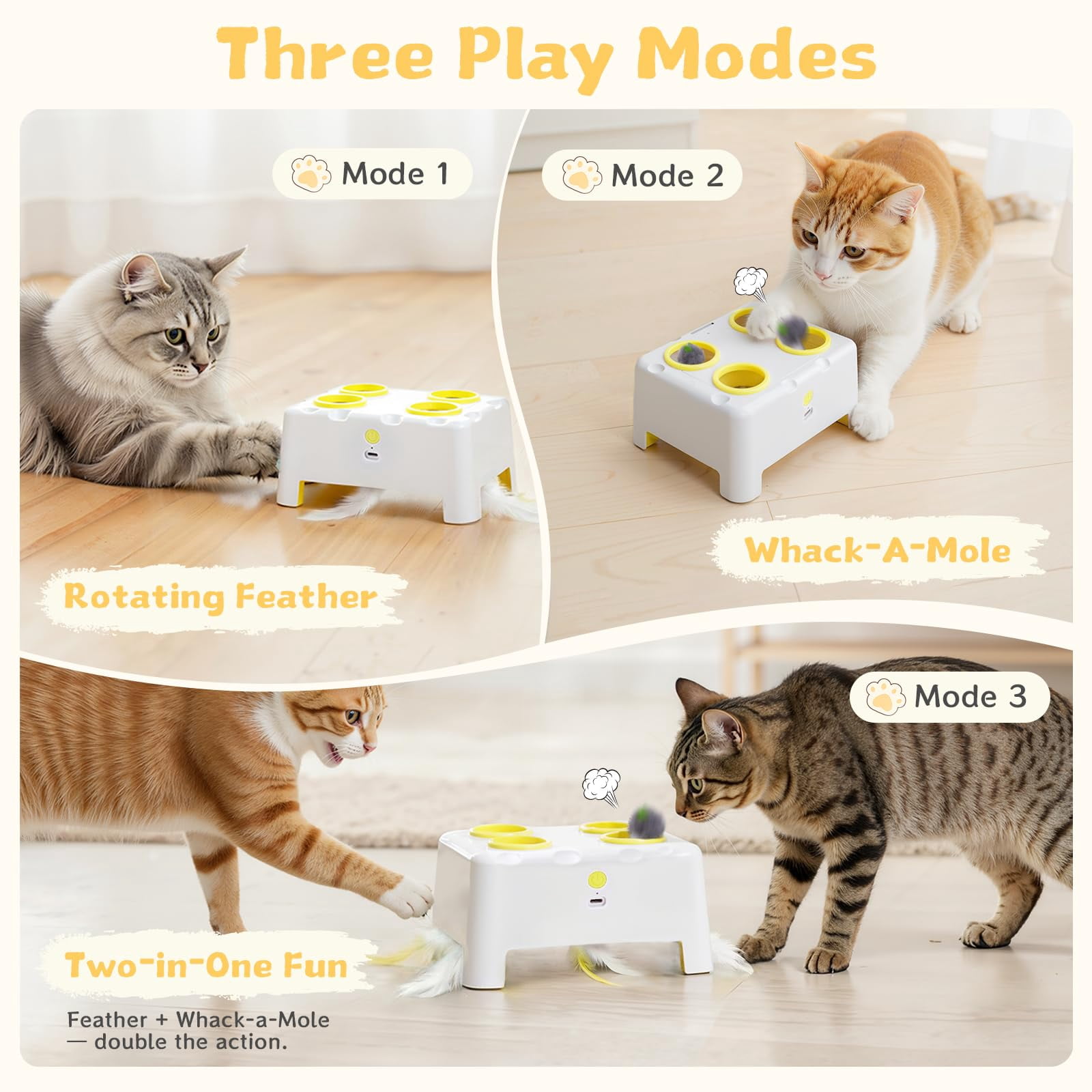 Cheese Box Interactive Cat For Indoor Cats  3-in-1 Whack A Mole 3 Modes Rechargeable Auto Toys Bored 4 Holes Kitten 4 Accessories (white)