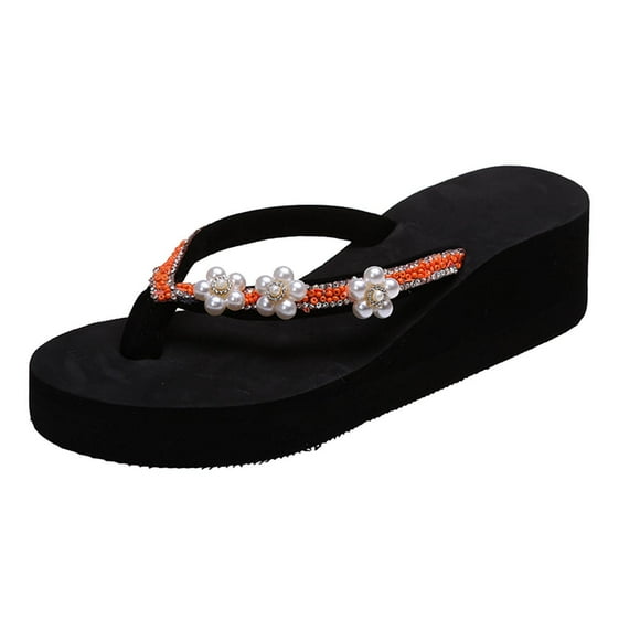 BADHUD Women Rhinestone Slope Heel Open Toe Flowers Slippers Clip-Toe Shoes Casual Comfortable Beach Sandals Flip Flop Shoes