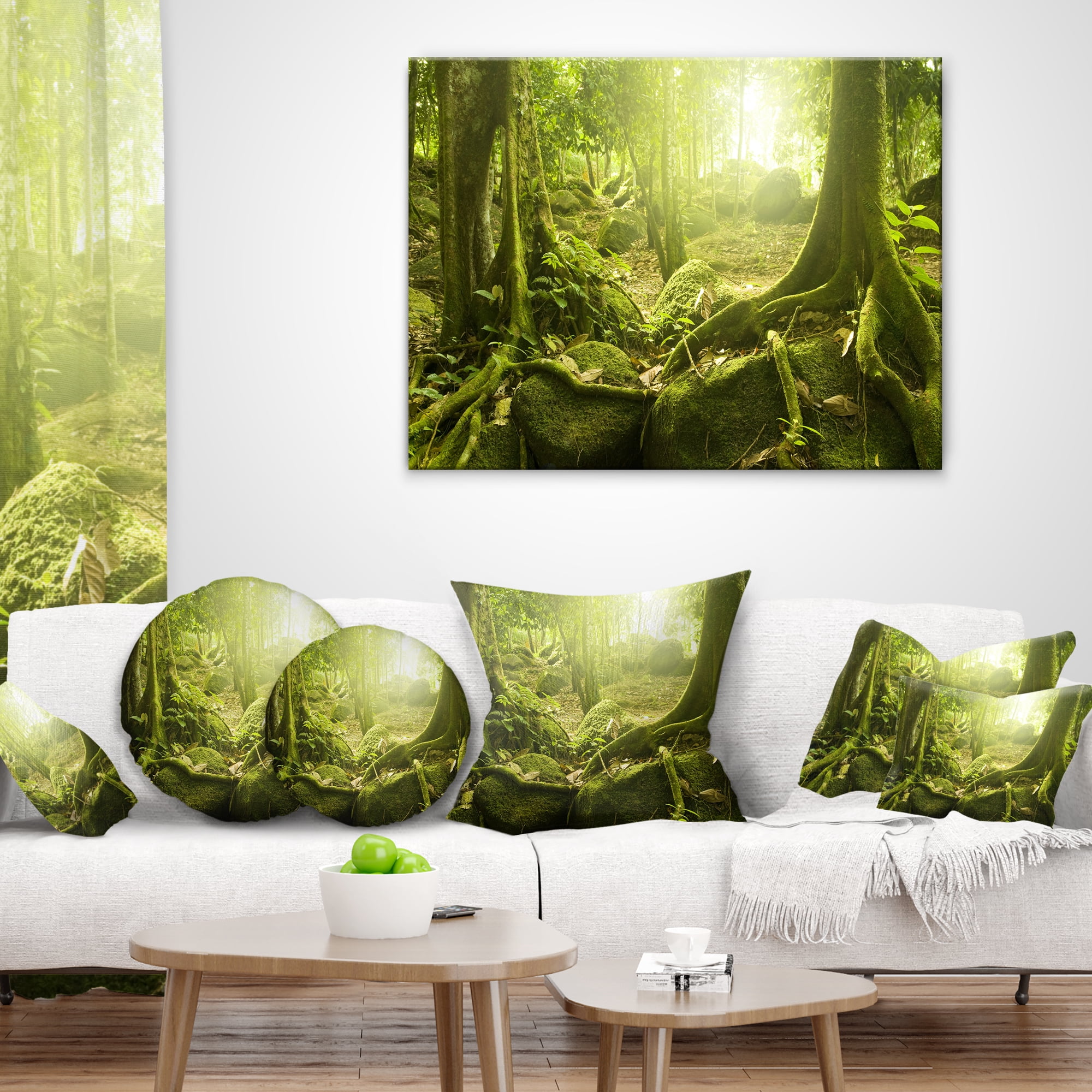 Designart Green Forest with Sun - Landscape Photography Throw Pillow - 18x18
