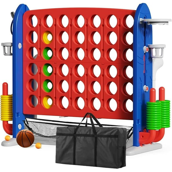 UBRAVOO Giant 4 in a Row Game, 3-in-1 Jumbo 4 to Score Garden Games with Basketball, Golf and Ring Toss Set, Height Adjustable Jumbo Yard Games for Kids Adults and Family