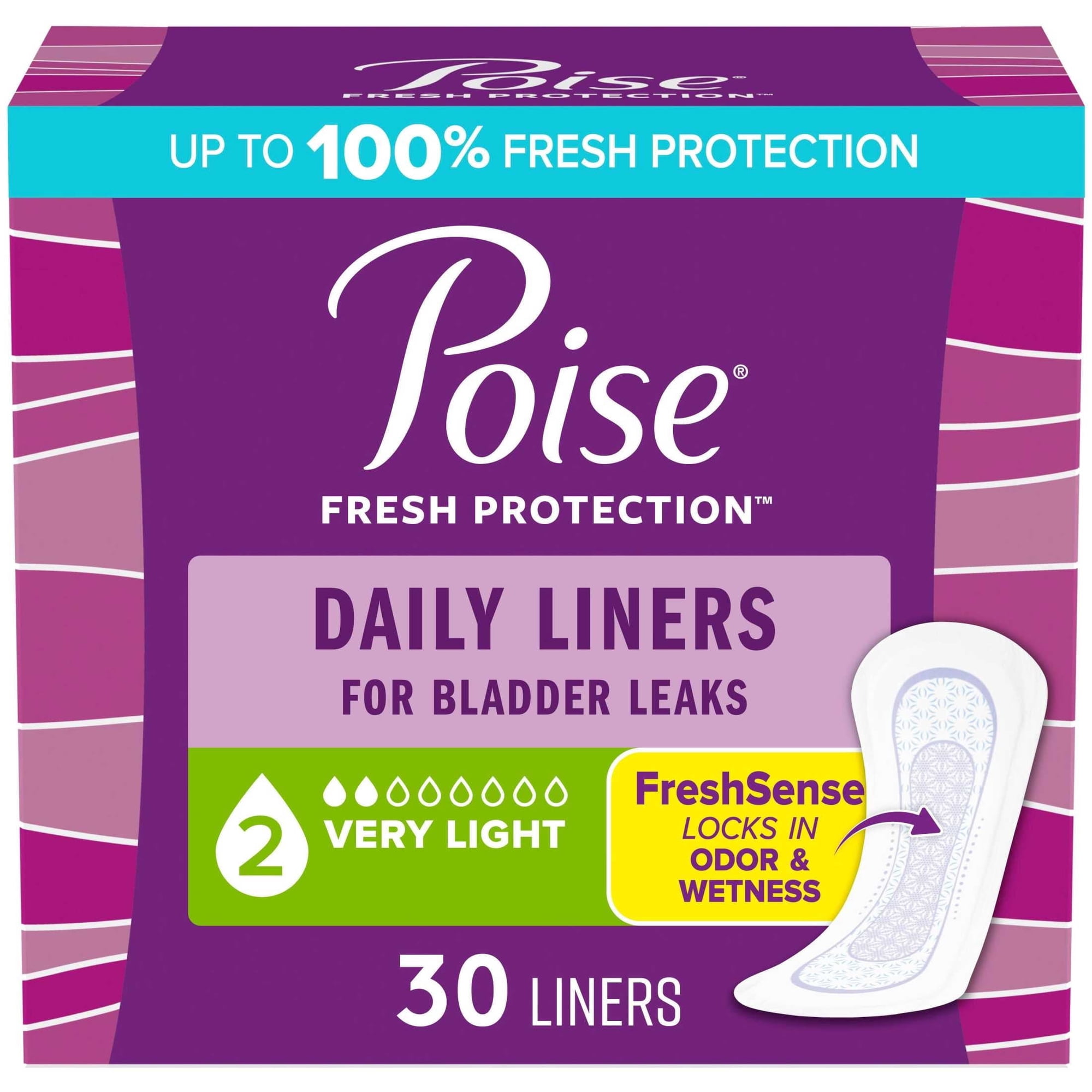 (2 Pack) Poise Daily Incontinence Panty Liners, 2 Drop Very Light Absorbency, Regular, 30 Count