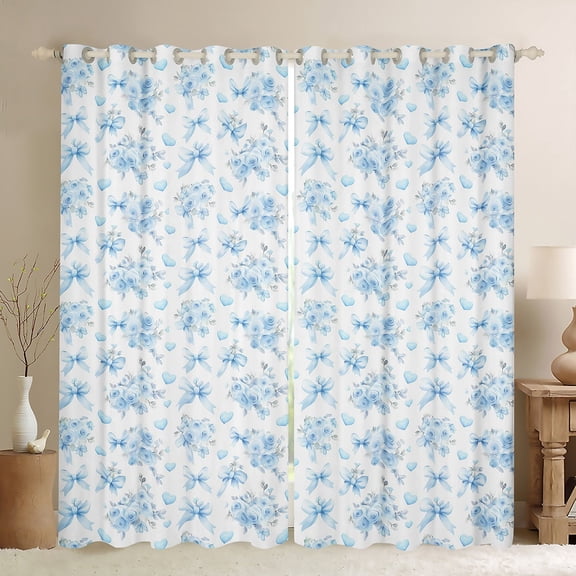Feelyou Retro French Flower Black Out Curtains, Blue Floral Curtains Pack of 2 (42x63 Each), Kawaii Ribbon Bow Bedroom Curtains, Curtains and Drapes Bedroom Decor