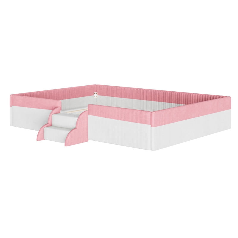 Full Size Upholstered Floor Bed with Fence, 2-Tier Steps and Smart LED Lights, Corduroy Platform Bed with Safety Guardrails, Kids Montessori Bed for Boys Girls