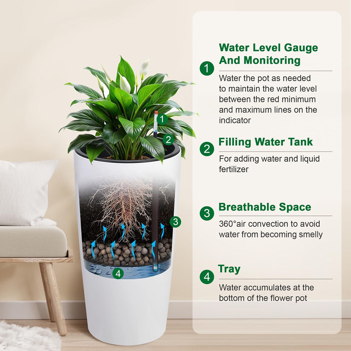 Ataucjin 30 inch Tall Planter Set of 2, Self Watering Pots with Drain Holes, Water Level Monitor & Inner Bucket, Indoor Outdoor Large Flower Pots, Automatic Watering, for Patio, Balcony, Living Room