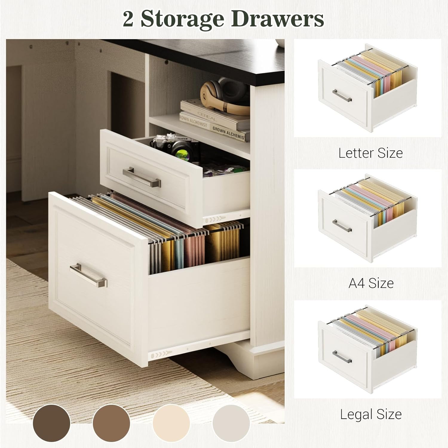 Homieasy L Shaped Executive Desk with File Drawers, 60" Corner Computer Desk with Power Outlets, Large 2 Person Home Office Table with Storage Cabinet, Sturdy Writing Desk, White and Black