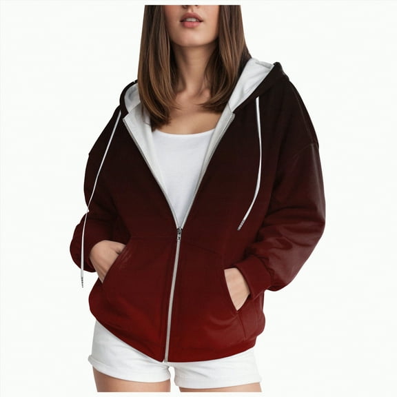 Towmus Zip Up Hoodie Women Trendy Gradient Printed Long Sleeve Fall Jacket Hooded Sweatshirt With Pockets Full Zipper Plus Size Coat