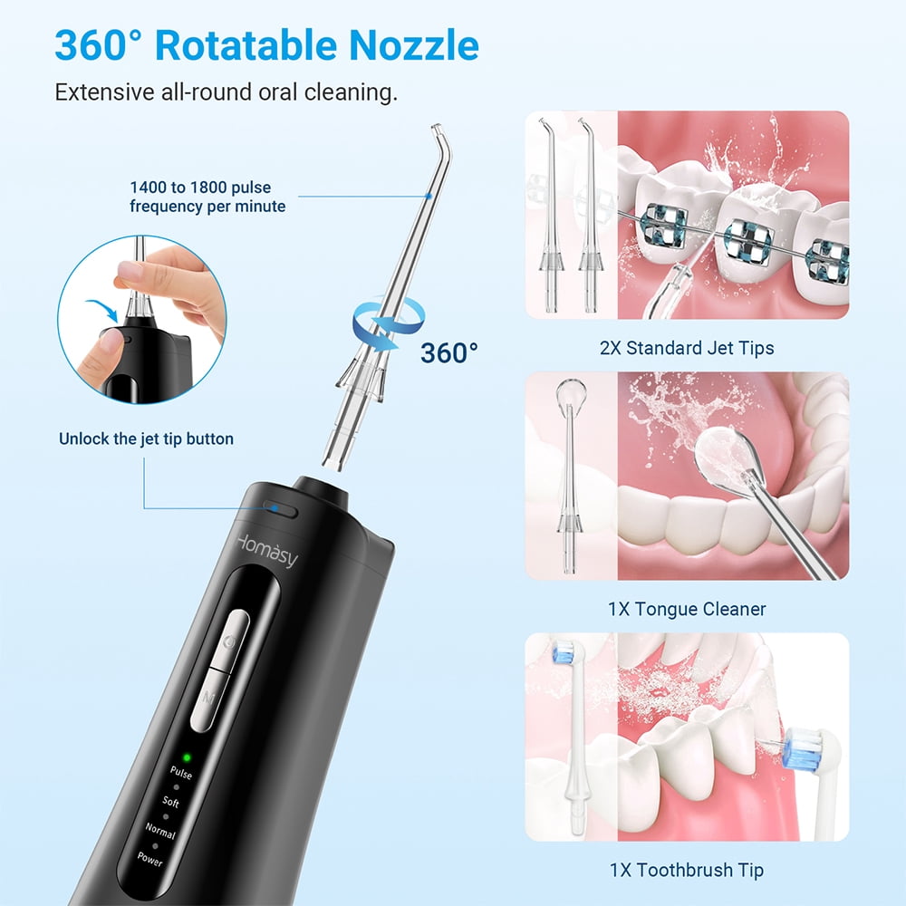 Homsay Cordless Water Flosser, Portable Dental Teeth Cleaner, 300ML Tank USB Rechargeable Dental Oral Irrigator for Home and Travel, 4 Modes , IPX7 Waterproof, Easy-to-Clean（Black）