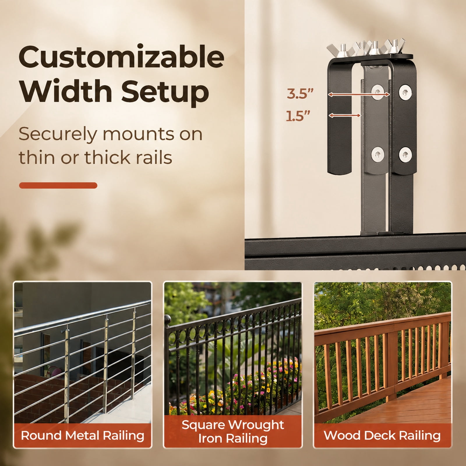 Biotree 48" Balcony Railing Table Set of 2 with 5-Level Adjustable Height for Patio Deck, Black