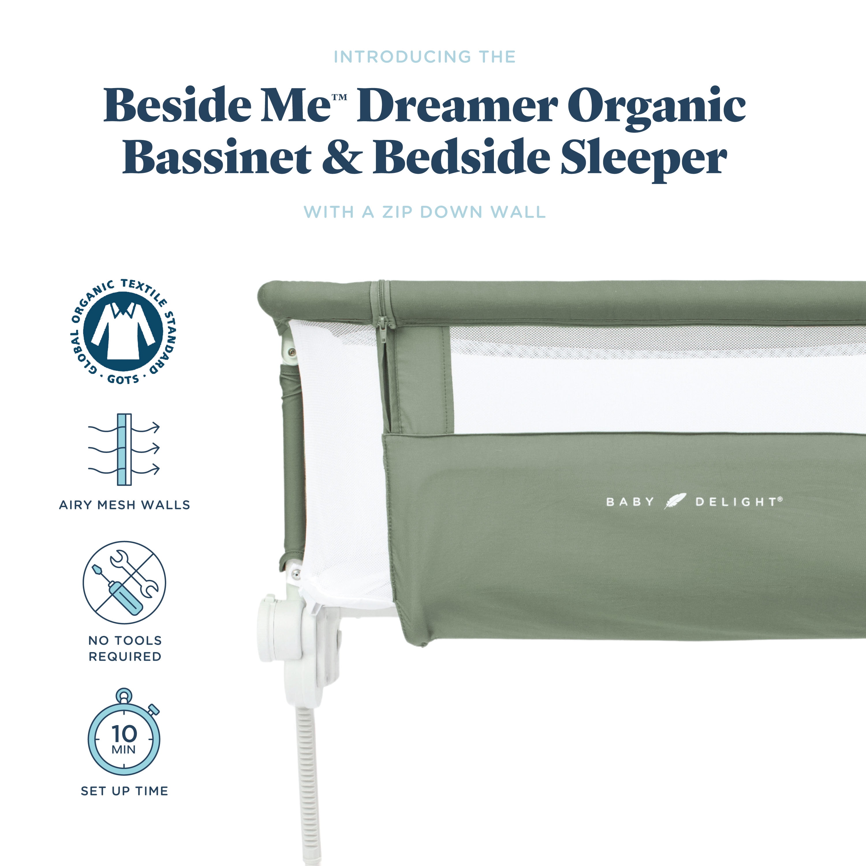 Baby Delight Beside Me Dreamer Organic Bedside Sleeper and Bassinet for Infants, Sage