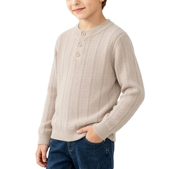 Lmnyox Sweaters for Kids Fall Winter Solid Color Button Crew Neck Pullover Long Sleeve Knitted Sweater Tops