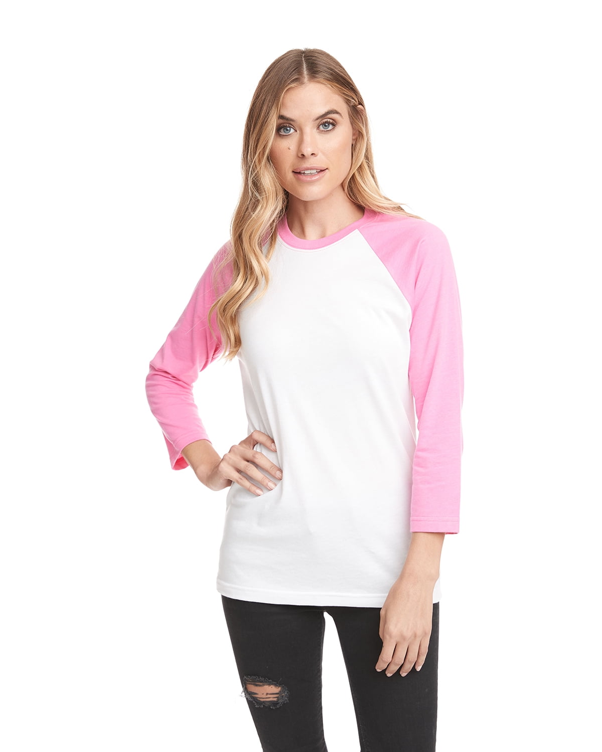 Next Level The Unisex Cvc 3 4 Sleeve Raglan Baseball T Shirt Hot Pink White S Walmart