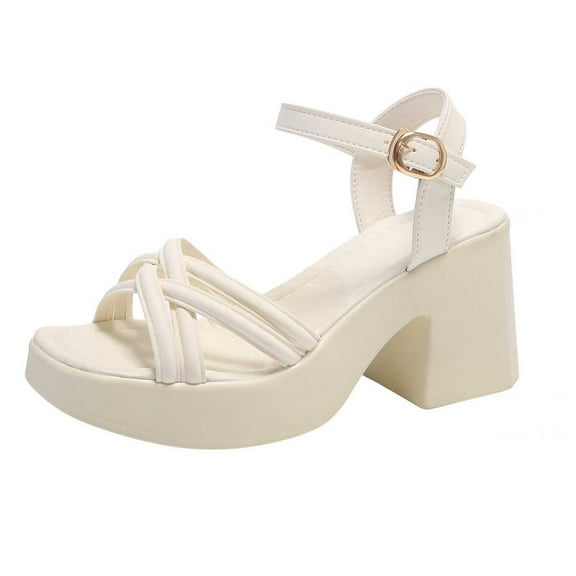 Nrmvnmi Platform Heels for Women High Block Chunky Open Toe Ankle Strap Heels Strap Cross Wedding Party Evening Dress Pumps Sandals Shoes White Mothers Day Gifts