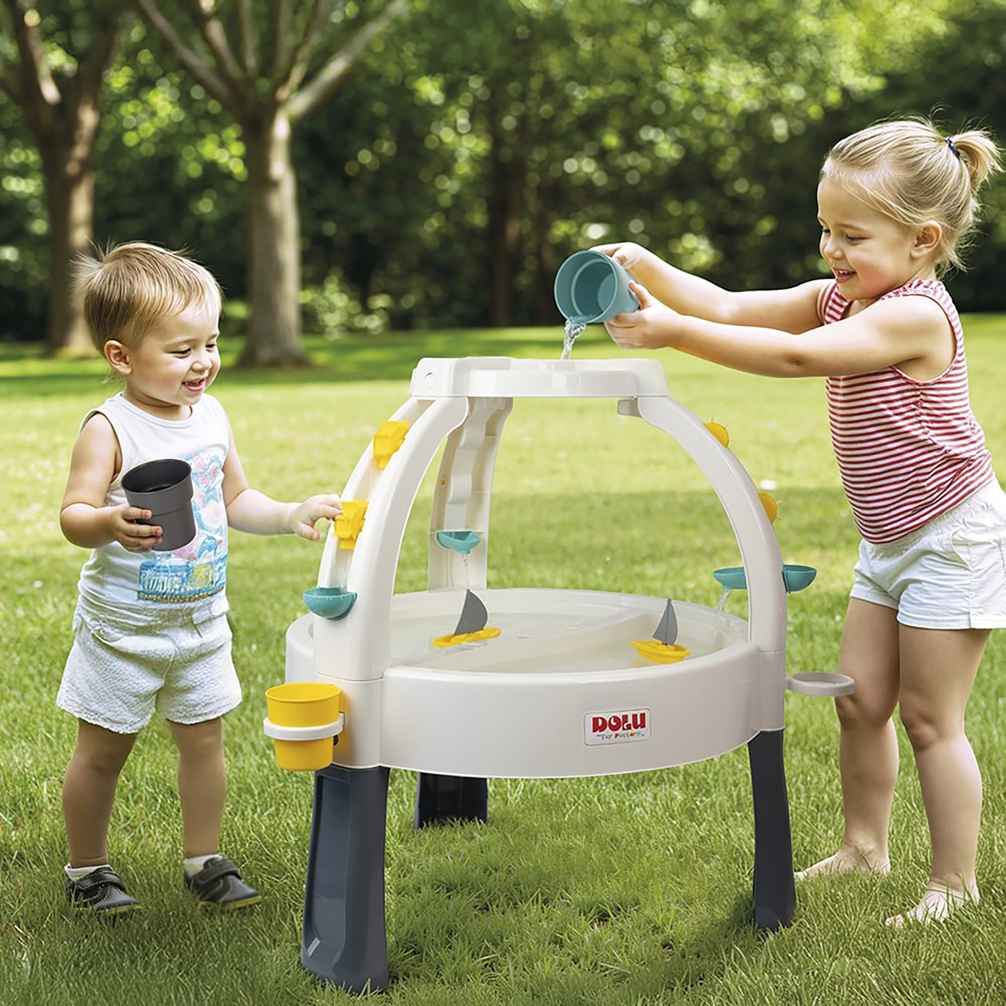 Dolu: Fun Fountain Water Table: White, Green, Yellow - Sand & Water Activity Table, Indoor/Outdoor, Durable Plastic, Sensory Toy, Toddler Kids Ages 2+