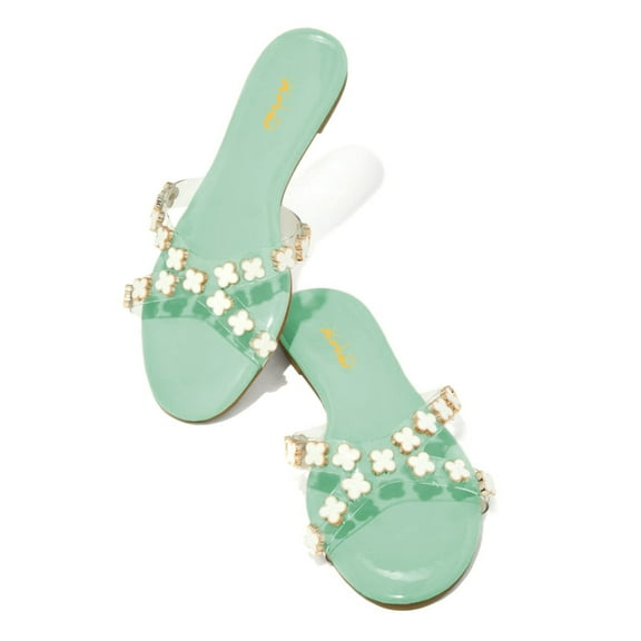 XYD Women Open Toe Pearls Petal Slide Sandals Transparent Cross Strap Slip on Flats Summer Beach Backless Shoes Size 7 Aquamarine