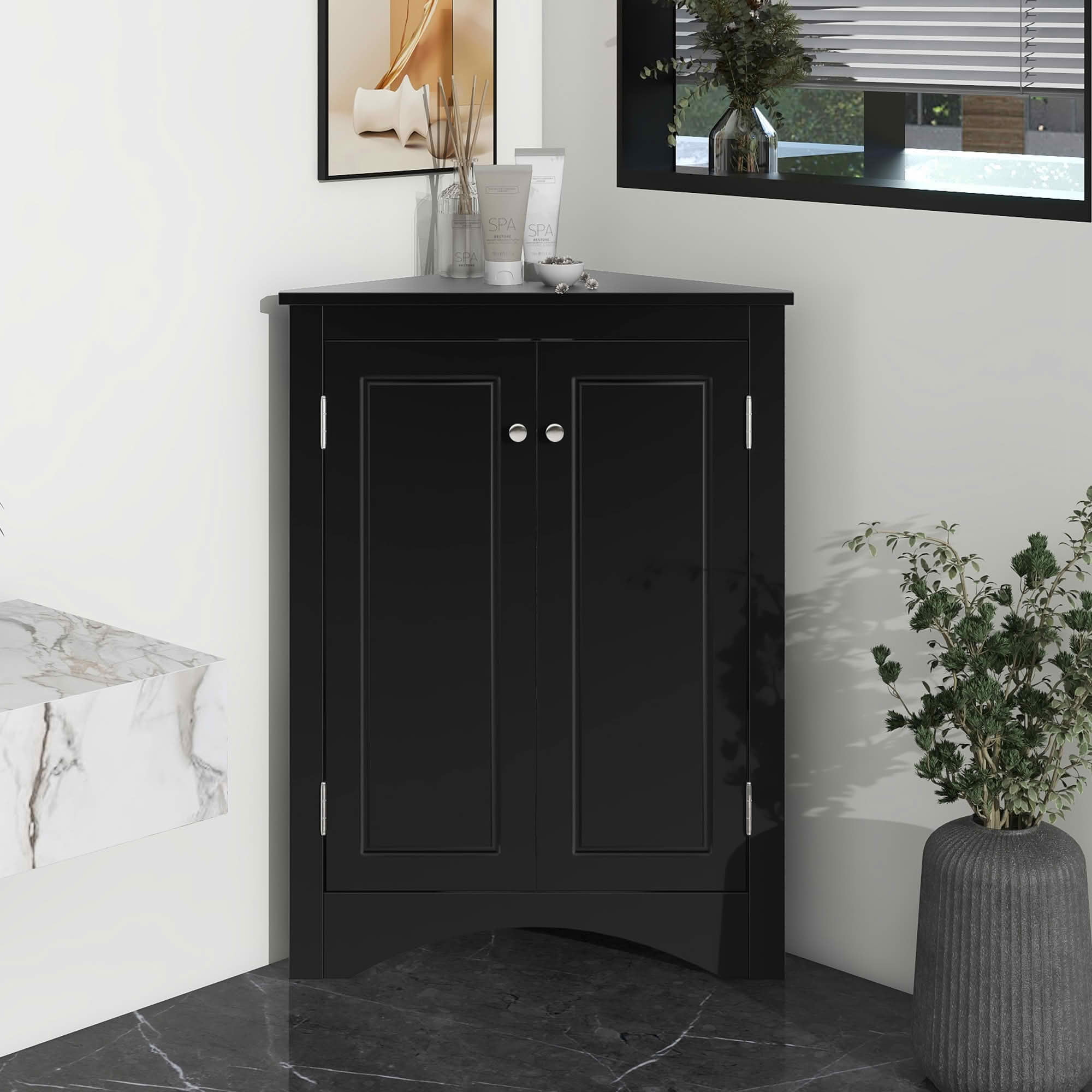 MAYEERTY Black Triangle Bathroom Cabinet Adjustable Shelves Freestanding Floor Cabinet