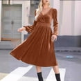thumbnail image 3 of Efsteb 2025 Dresses for Women Trendy Hight Waist Pleated Velvet Dress Long Sleeve V Neck Cocktail Dress Mini Prom Dress For Wedding Guest (Coffee,L), 3 of 6