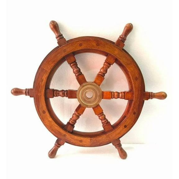 18" Inch Ship Wheel Wooden Brass Pirate Boat Nautical Wall Home Decor Christmas