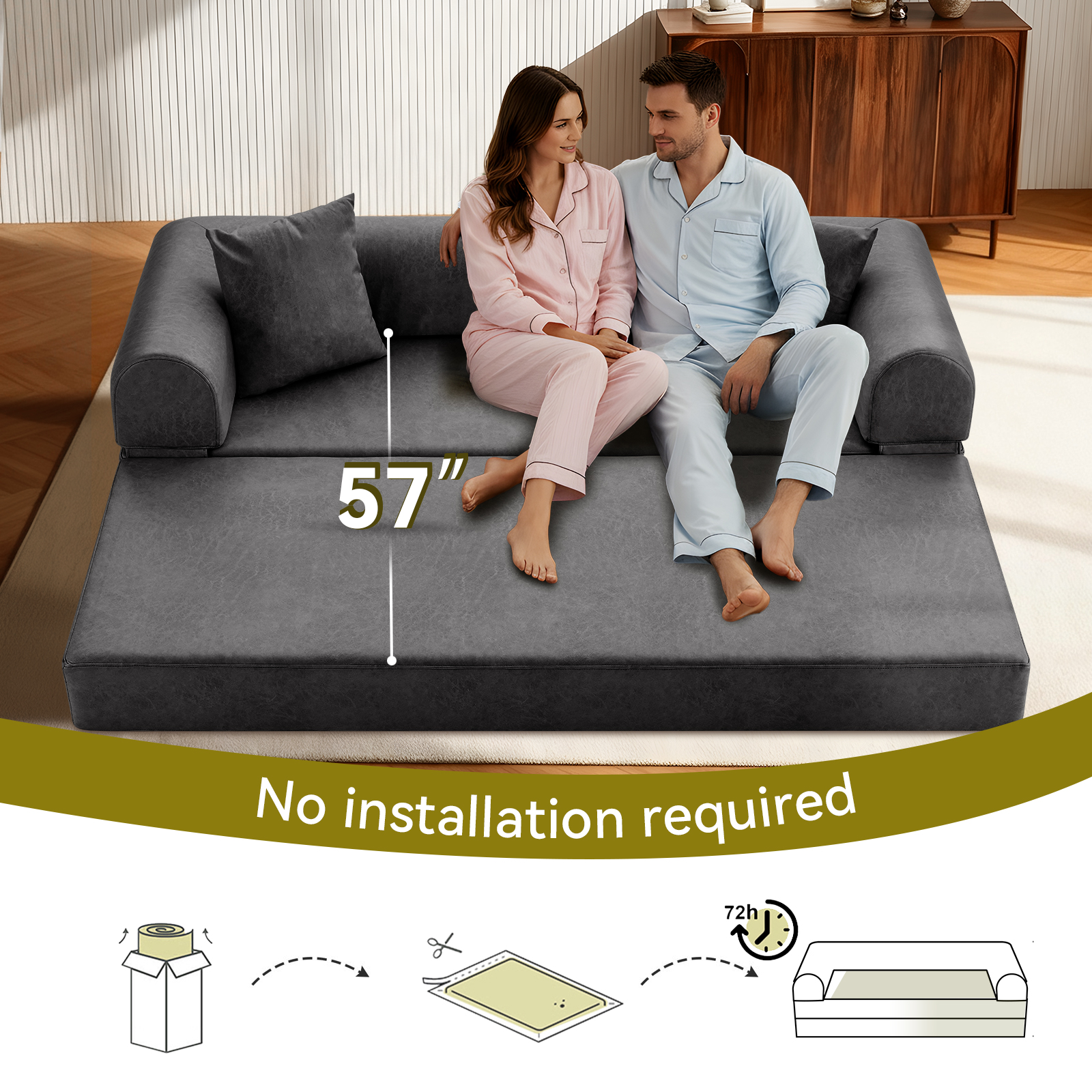 4-in-1 Folding Convertible Sofa Bed, 78 Inch Oversized Faux Leather Boneless Couch, Loveseat Sleeper with Pull Out Bed, Floor Sofa Modular Futon Teddy Sofa for Living Room Bedroom Lounge, Gray