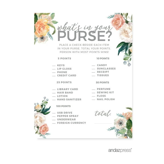 Peach Coral Floral Garden Party, What's in Your Purse? Bridal Shower Game Cards, 20-Pack