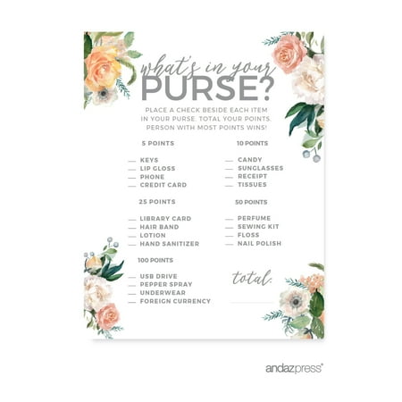 Peach Coral Floral Garden Party  What s in Your Purse? Bridal Shower Game Cards  20-Pack price history on PriceWatchPro
