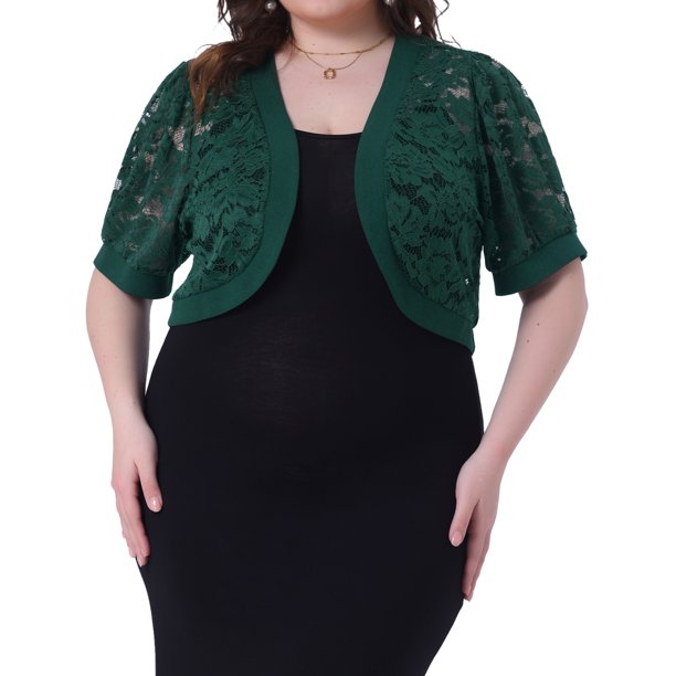 Cárdigans cortos de mujer plus size Agnes Orinda, con frente abierto, mangas cortas, encaje floral y boleros transparentes 1X verde oscuro