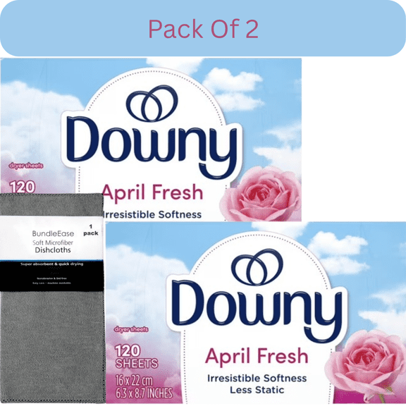 Downy April Fresh Mega Fabric Softener Dryer Sheets, 120 Count with Microfiber Solid Color Towel by BundleEase