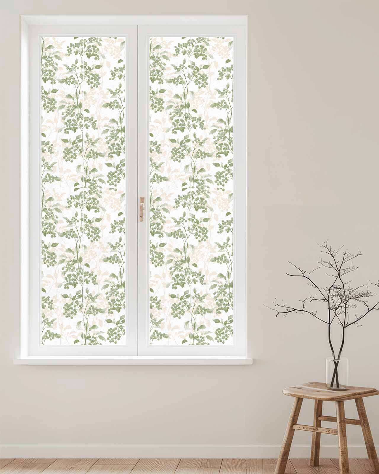 Window Privacy Film Sage Green Botanical Stained Glass Window Film Decorative Sun Block Window Cover Vintage Nature Flower Window Clings Static Adhesive Sticker for Bathroom 23.6"x78.7"