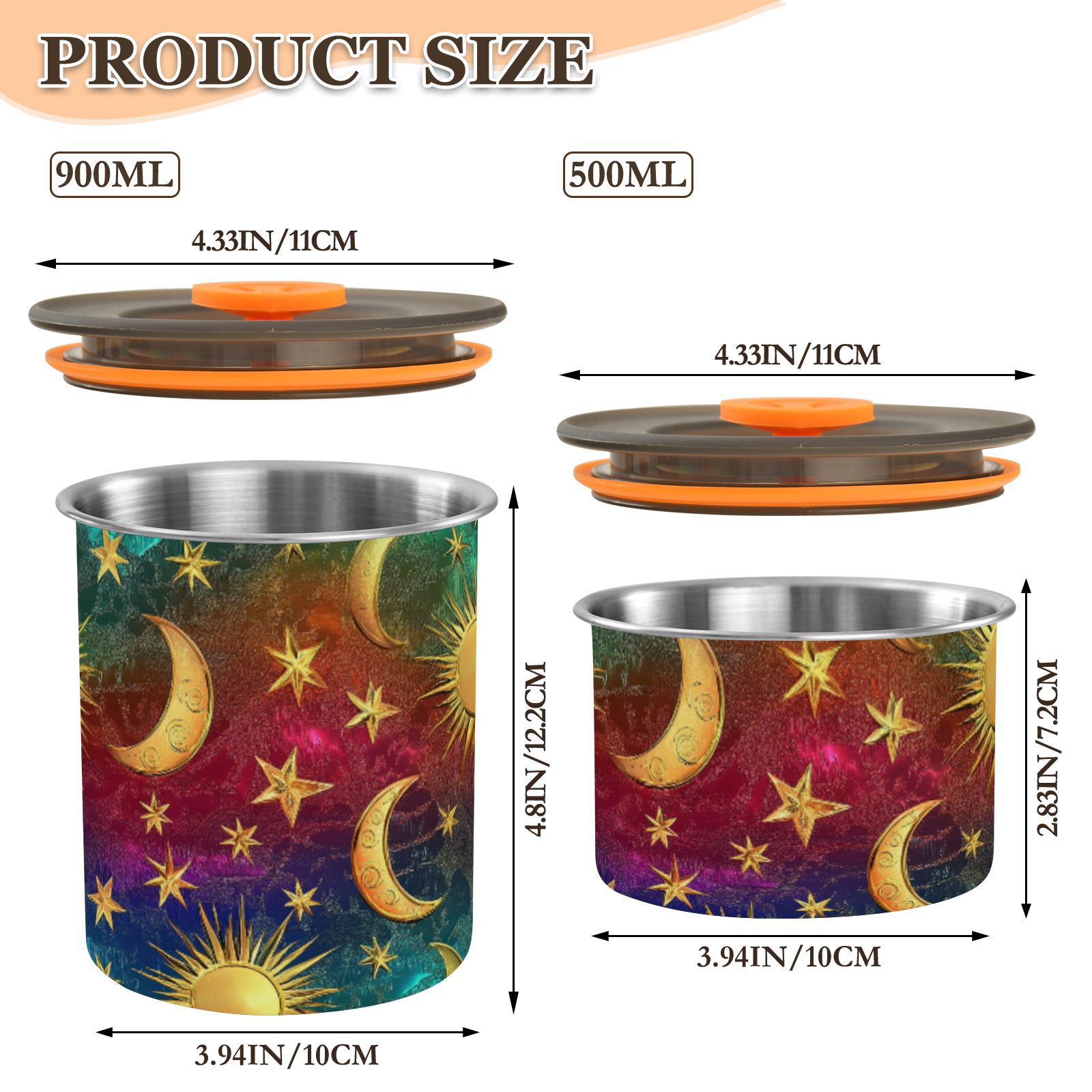 Gold Moon Star Sun Rainbow Color Airtight Coffee Bean Canister 30oz Food Storage Containers with Lids For Gournd, Tea, Sugar, Flour, Rice, Cereal, Candy Cookie Jar