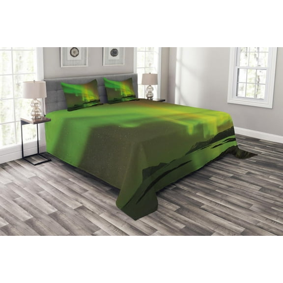 Ambesonne Aurora Borealis Quilted Bedspread Set 3 Pcs, Tranquil View, King Size, Lime and Reseda Green