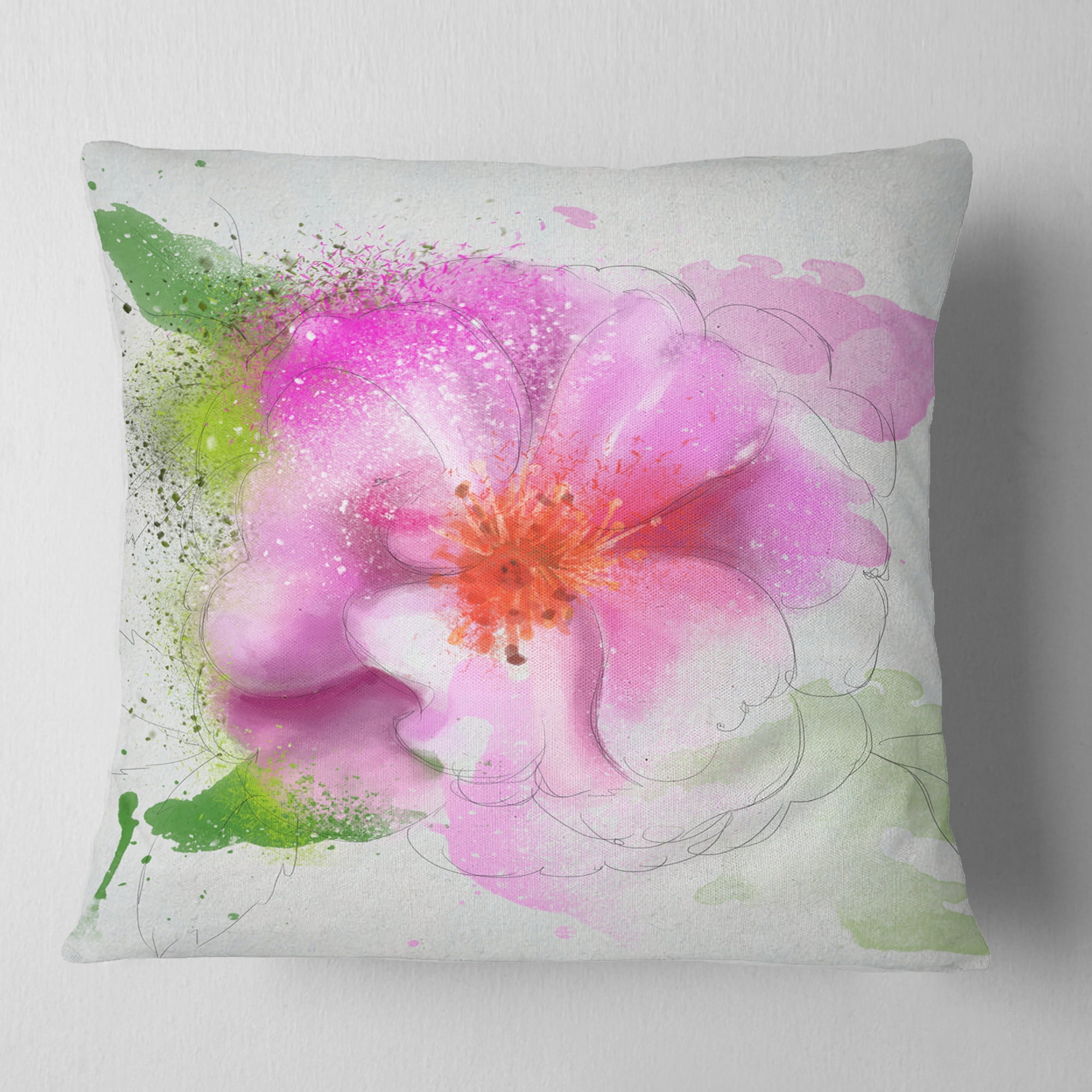 Designart Blooming Pink Flower Watercolor - Flowers Throw Pillowwork - 16x16