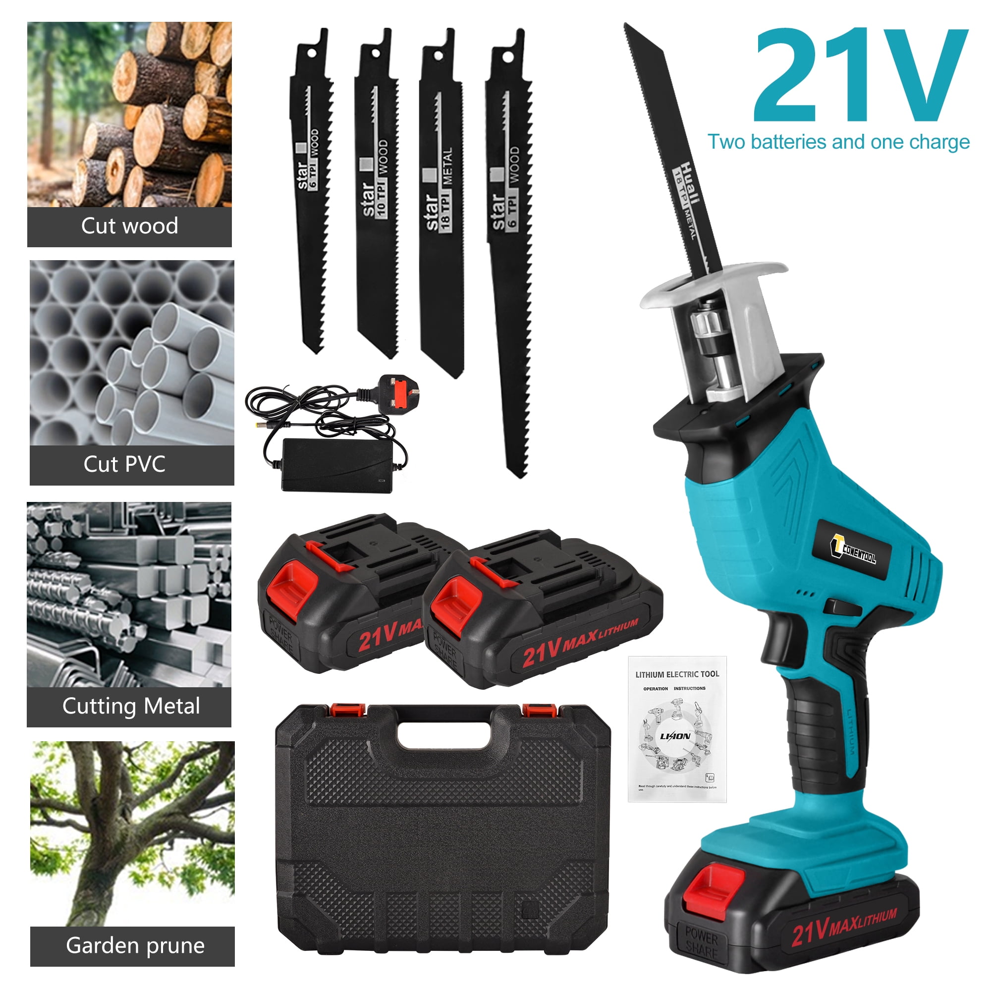 Conentool Cordless Reciprocating Saw, 21V 2.0Ah Battery Powered