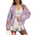thumbnail image 4 of adviicd Women's Ribbed Knit Cardigans Embroidery Aesthetic Pretty Flowers Applique Button Up Open Front Knit Sweater Coat (Purple, XL), 4 of 8