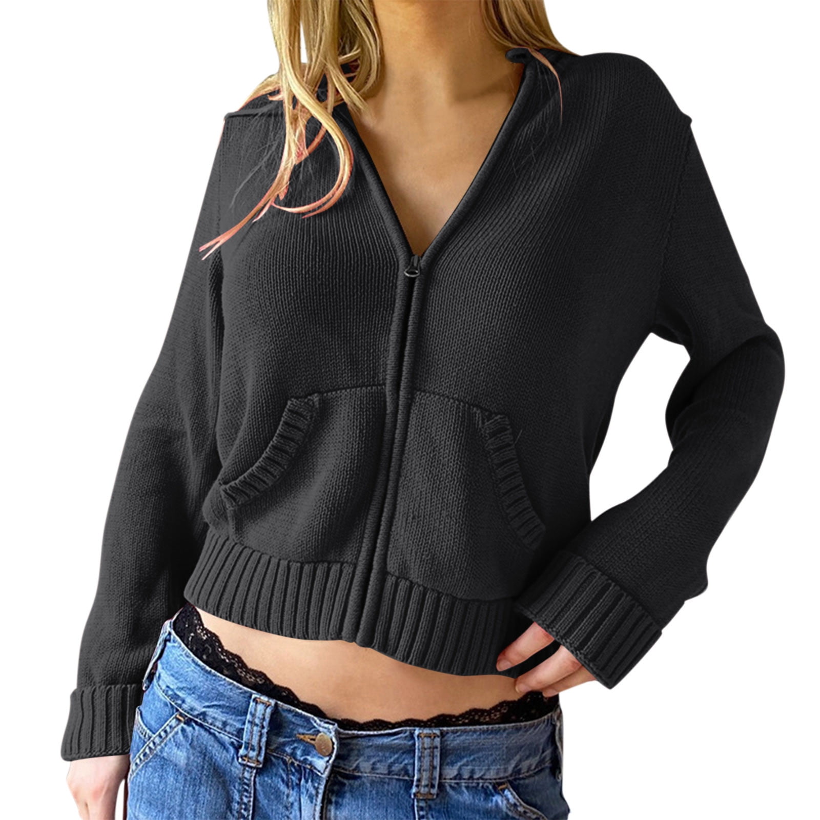 Women Zip Up Long Sleeve Crop Hooded Tops Ribbed Knit Cropped Hoodie Jacket  Cute Sweater Pullover - Walmart.com