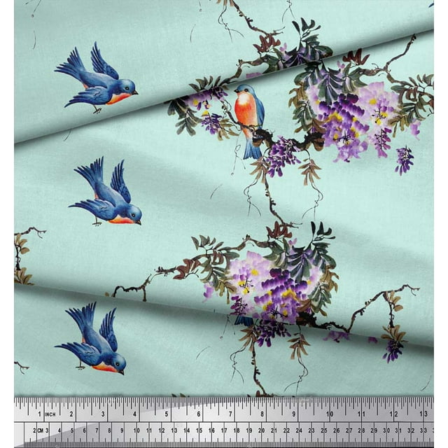 Soimoi Green Heavy Canvas Fabric Floral & Flowerpecker Bird Decor Fabric Printed Yard 58 Inch Wide