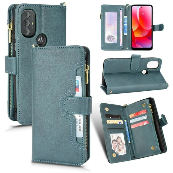 Case for Motorola Moto G POWER 2022 Cover Zipper Magnetic Wallet Card Holder PU Leather Flip Case - Green