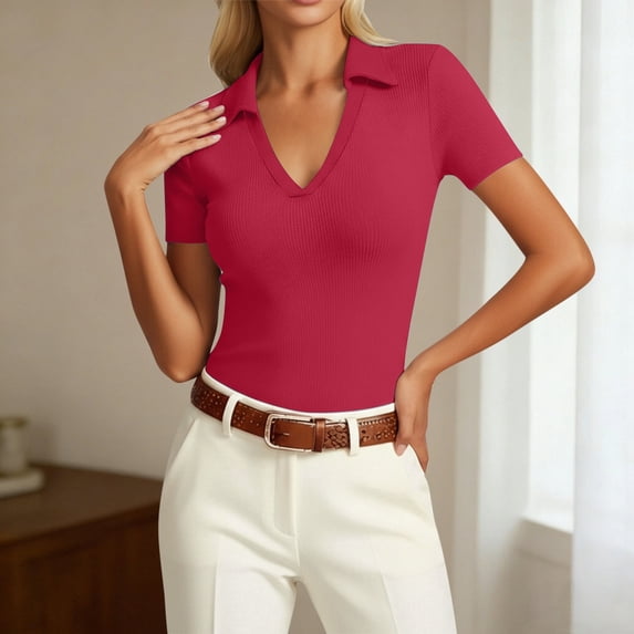 Womens Short Sleeve Business Casual Tops Summer V Neck Polo Work Shirts Fitted Basic Shirt Trendy Tops