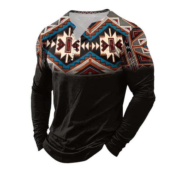 FGVCTG Mens T-Shirts Color Block Aztec Western Long Sleeve Henley Tops Button Neck Tee Loose Pullover Top for Casual Outings Daily Black M