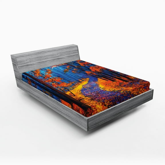 Ambesonne Autumn Fitted Sheet, Forest in Fall Season, Full Size, Orange Navy